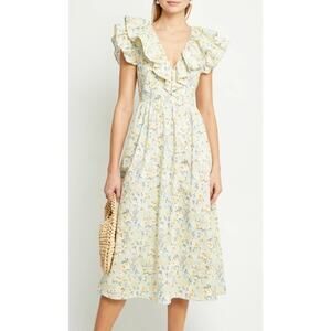 O.P.T Ruffle V-Neck‎ Cap Sleeve Floral Midi Dress Yellow Blue Pastel Size XL